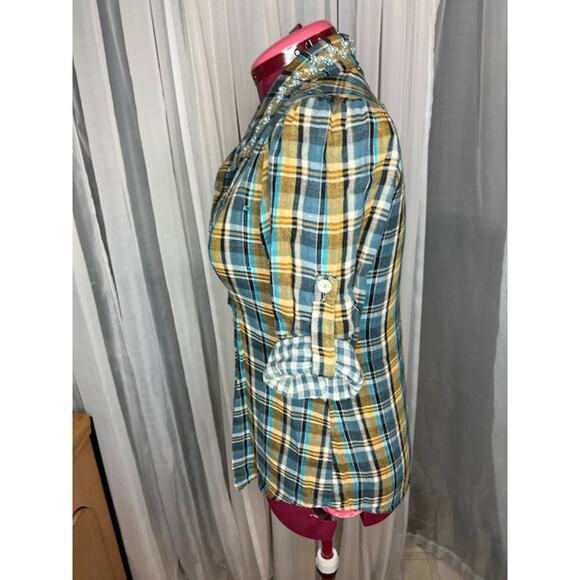 Blouse button down plaid beaded collar blue mustard - Picture 3 of 6